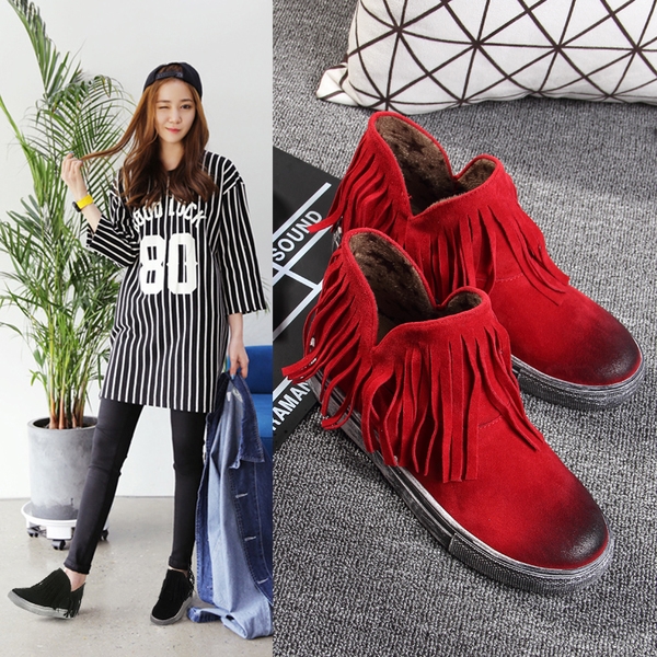 Дамски боти с ресни и матова кожа в черен и червен цвят