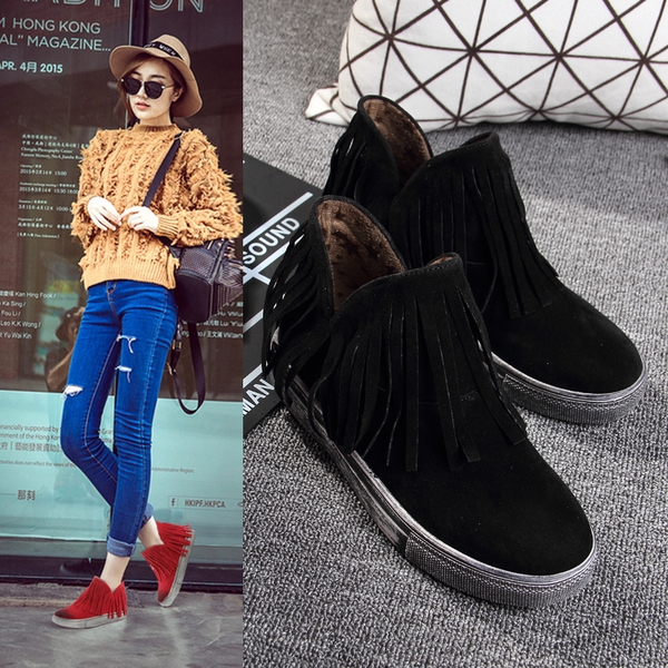 Дамски боти с ресни и матова кожа в черен и червен цвят