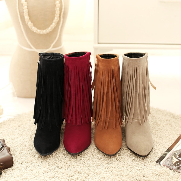 Дамски боти с вътрешна платформа с ресни и страничен цип в черен, кафяв, бежов и червен цвят