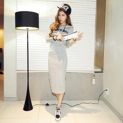 Κυρίες καθημερινή βαμβακερό φόρεμα με μακριά μανίκια: Μαύρο και Γκρι