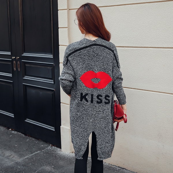 Καθημερινή ζακέτα, κομψή  γκρι με κόκκινο φιλί στο πίσω μέρος