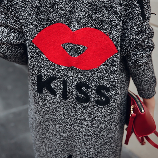 Καθημερινή ζακέτα, κομψή  γκρι με κόκκινο φιλί στο πίσω μέρος