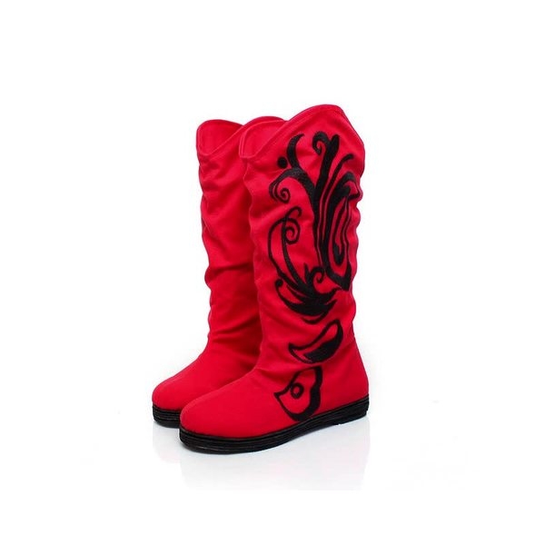 Дамски ботуши в черен, червен и оранжав цвят с бродерии