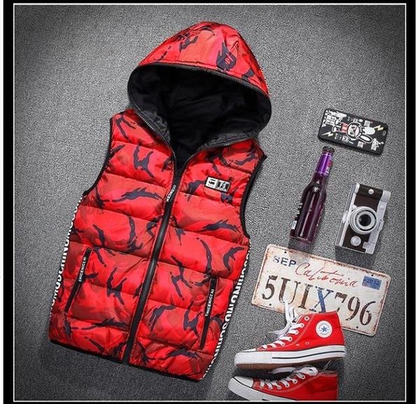 Мъжки есенни, пролетни и зимни елеци с качулка плътни, червени, цветни камуфлажни