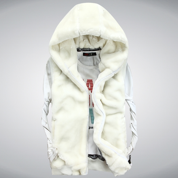 Мъжки пухести поларени елеци с качулка модели в четири цвята бял черен кафяв сив елек