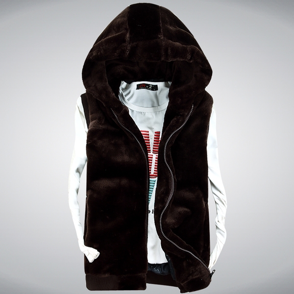 Мъжки пухести поларени елеци с качулка модели в четири цвята бял черен кафяв сив елек