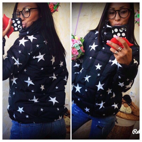 Дамско зимно яке в няколко модела черно, бяло, тъмносиньо със звезди