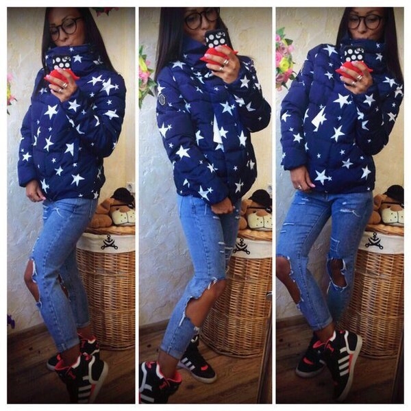 Дамско зимно яке в няколко модела черно, бяло, тъмносиньо със звезди