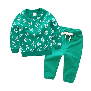 Детски есенен и зимен комплект от блуза с дълги ръкави и дълги панталони - 4 модела с анимация - сив, син, зелен