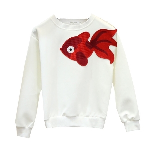 Дамска бяла блуза с дълъг ръкав, с апликация на червена рибка