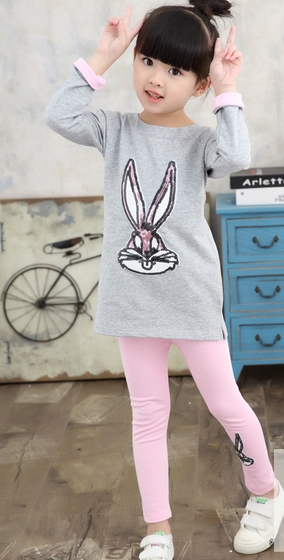 Детски комплект за момичета от две части туника и клин `Бъкс Бъни` и Лисица розов оранжев сив