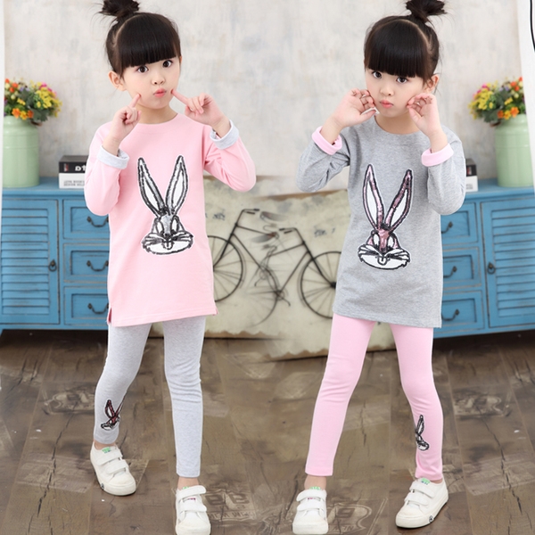 Детски комплект за момичета от две части туника и клин `Бъкс Бъни` и Лисица розов оранжев сив