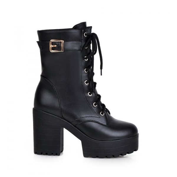 Дамски кожени боти в черен, кафяв и тъмнокафяв цвят с катарама и връзки на ток