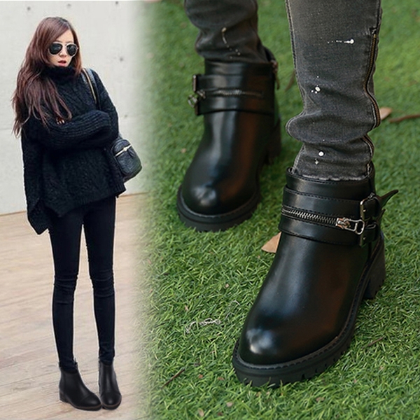 Дамски кожени боти в британски ретро стил с устойчива подметка и катарами в черен и сив цвят