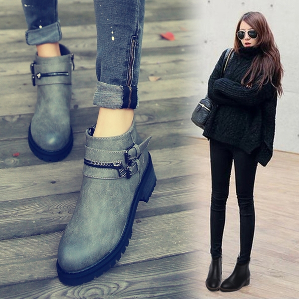 Дамски кожени боти в британски ретро стил с устойчива подметка и катарами в черен и сив цвят