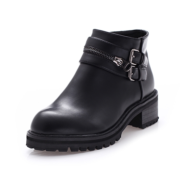 Дамски кожени боти в британски ретро стил с устойчива подметка и катарами в черен и сив цвят