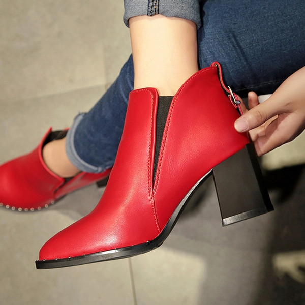 Дамски елегантни боти на висок ток с цип в черен, червен и сив цвят в 2 модела - с цип, с каишка