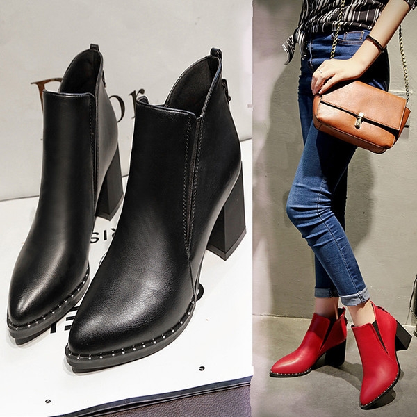 Дамски елегантни боти на висок ток с цип в черен, червен и сив цвят в 2 модела - с цип, с каишка