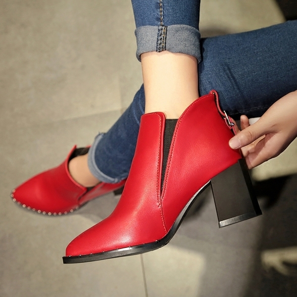Дамски елегантни боти на висок ток с цип в черен, червен и сив цвят в 2 модела - с цип, с каишка
