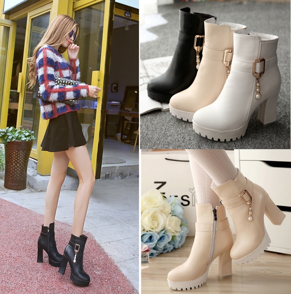 Дамски кожени боти с метална декорация на висок ток в черен, бял и бежов цвят