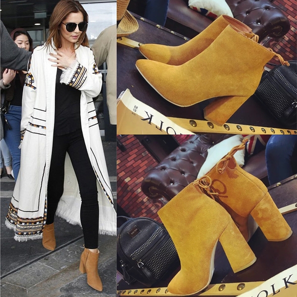 Дамски велурени боти на висок дебел ток в черен и бежов цвят - водоустойчиви