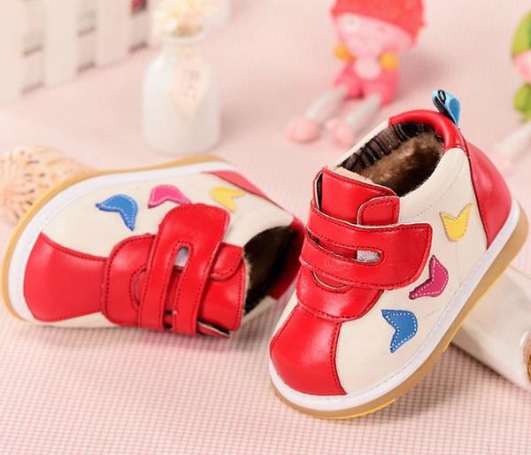 Детски топли маратонки за момичета с лепки в оранжев, розов и червен цвят 