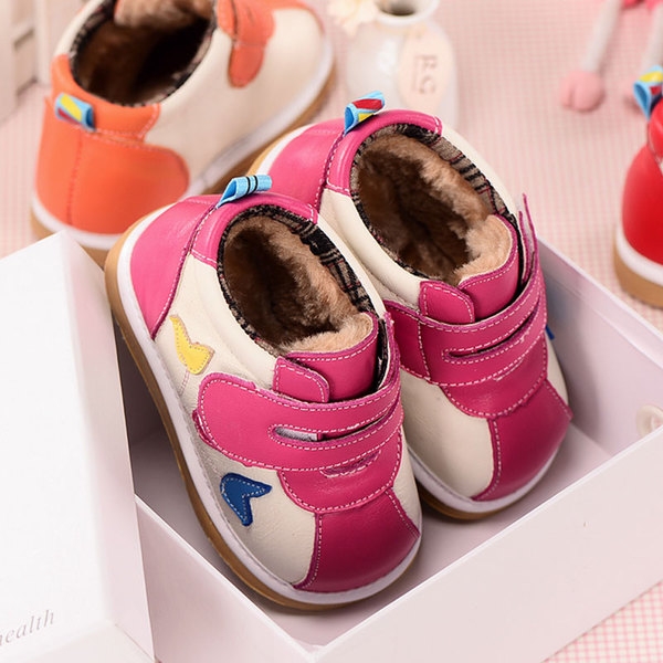 Детски топли маратонки за момичета с лепки в оранжев, розов и червен цвят 