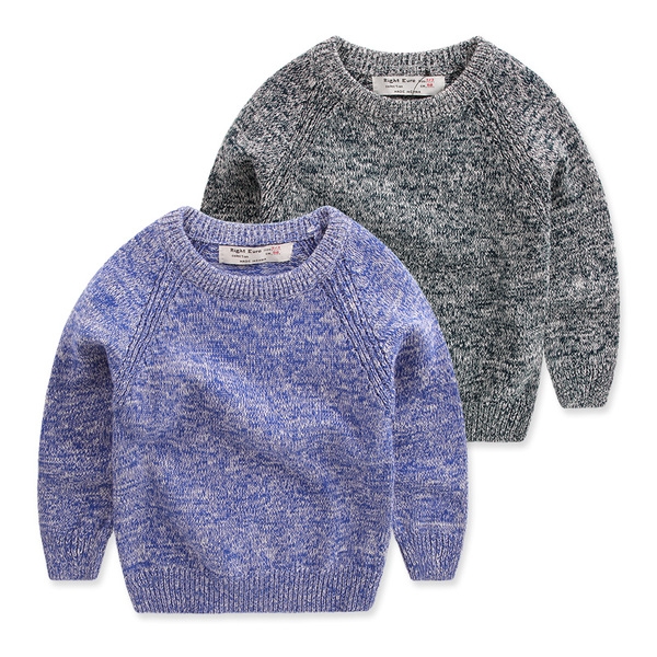 Дебел вълнен пуловер за момчета в сив и син цвят с О-образна яка