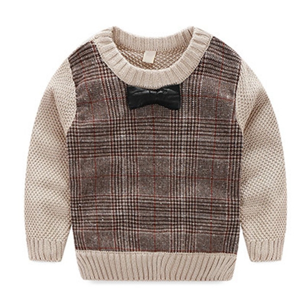 Стилен детски пуловер с папионка в бежов цвят и О-образна яка