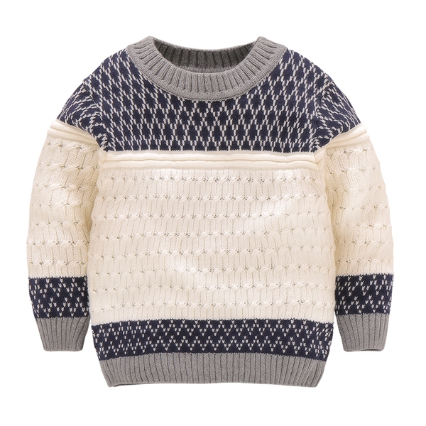 Стилен детски пуловер за момчета в три цвята с О-образна яка
