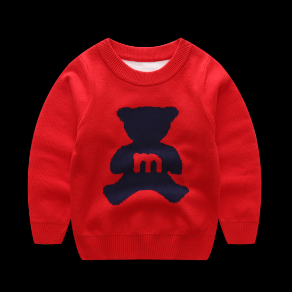 Детски пуловер за момчета от кашмир с меченце, в червен, сив и тъмносин цвят с О-образна яка