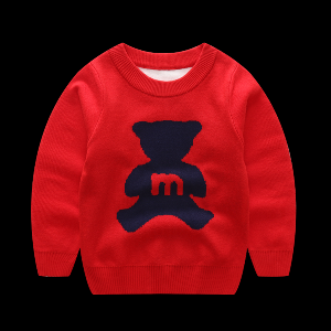 Детски пуловер за момчета от кашмир с меченце, в червен, сив и тъмносин цвят с О-образна яка