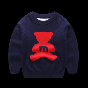 Детски пуловер за момчета от кашмир с меченце, в червен, сив и тъмносин цвят с О-образна яка