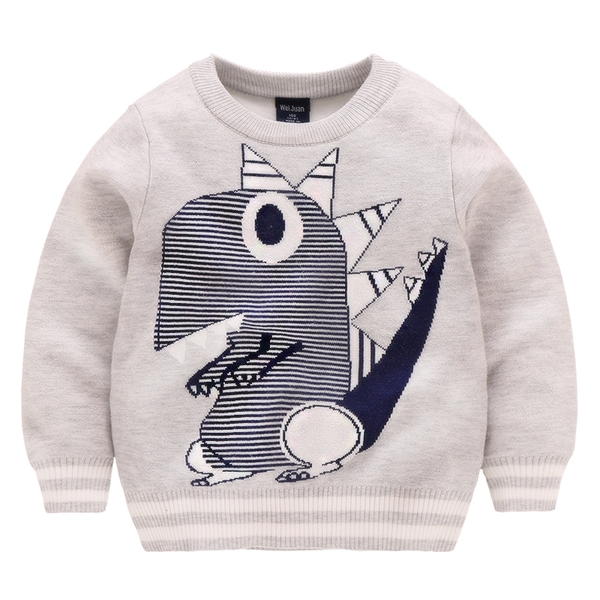 Детски пуловер за момчета в зелен, сив и тъмносин цвят и изображение на динозавър