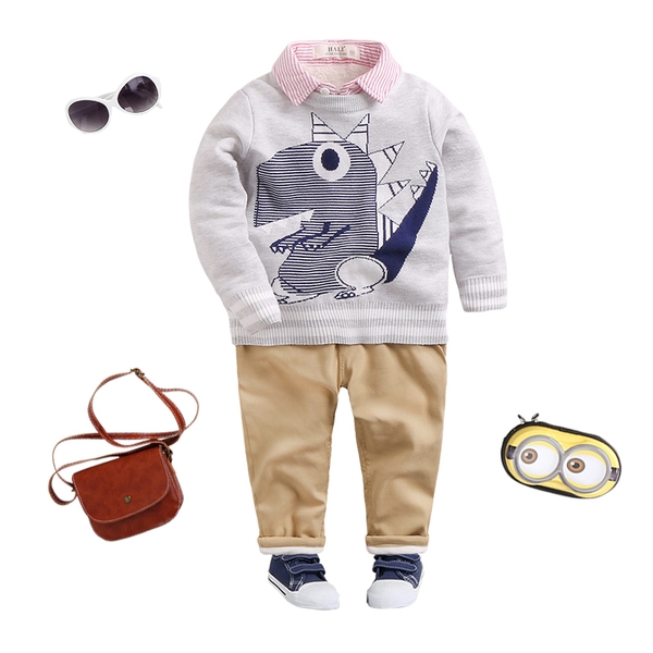 Детски пуловер за момчета в зелен, сив и тъмносин цвят и изображение на динозавър