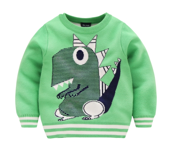 Детски пуловер за момчета в зелен, сив и тъмносин цвят и изображение на динозавър