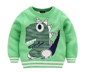 Детски пуловер за момчета в зелен, сив и тъмносин цвят и изображение на динозавър