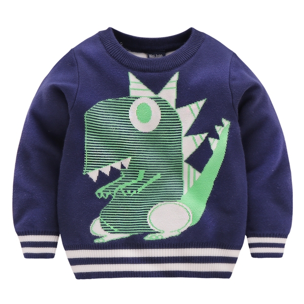 Детски пуловер за момчета в зелен, сив и тъмносин цвят и изображение на динозавър