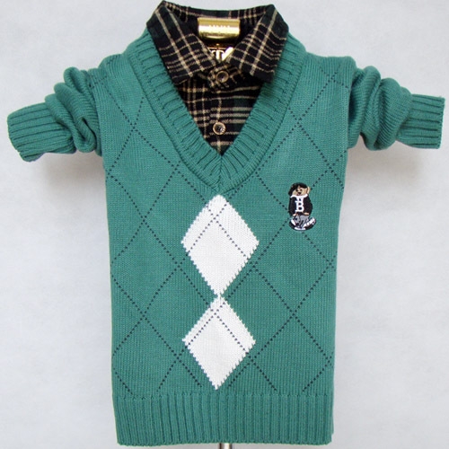 Стилен детски пуловер за момчета + риза яка с копчета в сив и зелен цвят