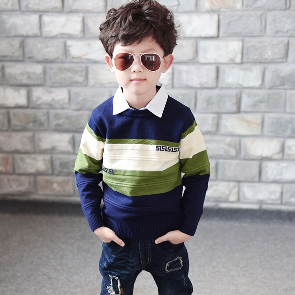 Детски дебел пуловер за момчета в оранжев, червен и зелен цвят с яка