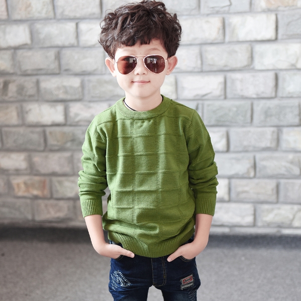 Детски дебел изчистен пуловер с О-образна яка в оранжев, сив и зелен цвят