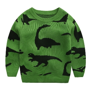 Дебел пуловер за момчета в зелен и червен цвят на динозавъри с О-образна яка