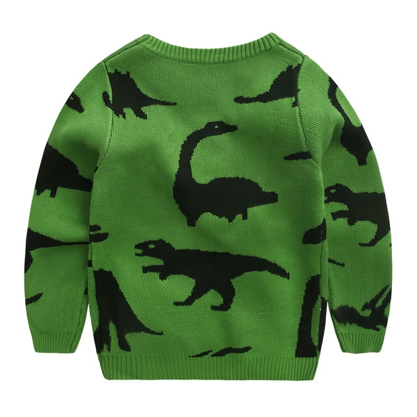 Дебел пуловер за момчета в зелен и червен цвят на динозавъри с О-образна яка