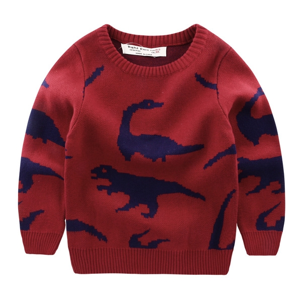 Дебел пуловер за момчета в зелен и червен цвят на динозавъри с О-образна яка