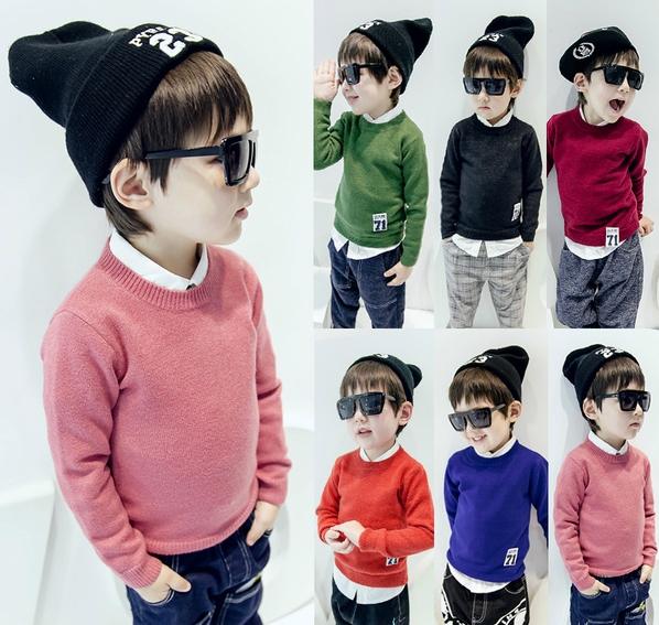 Детски пуловер за момчета тип Слим с О-образна яка в розов, син, зелен, оранжев, черен и виненочервен цвят