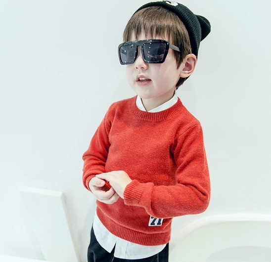 Детски пуловер за момчета тип Слим с О-образна яка в розов, син, зелен, оранжев, черен и виненочервен цвят