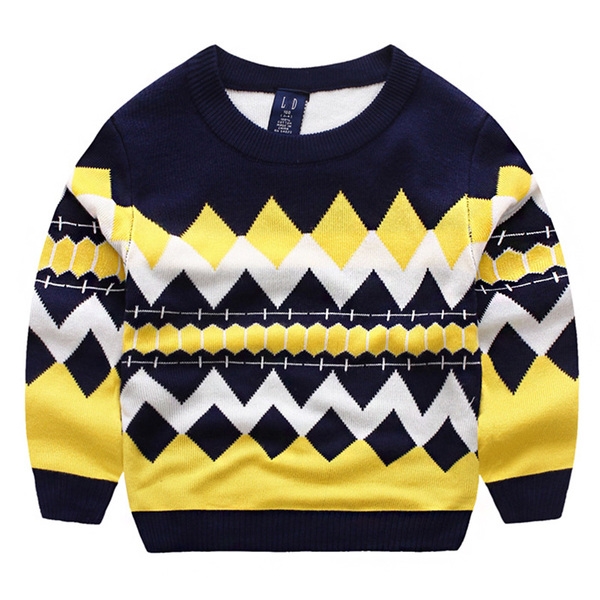 Дебел детски пуловер в два цвята - червен и жълт, с О-образна яка