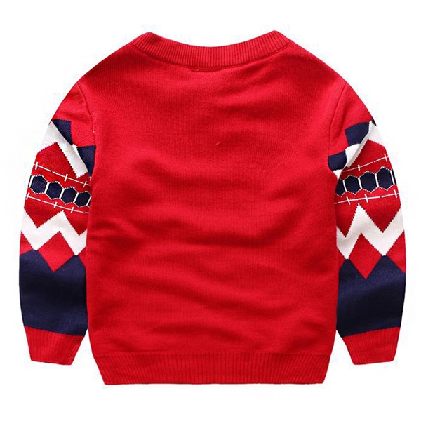 Дебел детски пуловер в два цвята - червен и жълт, с О-образна яка