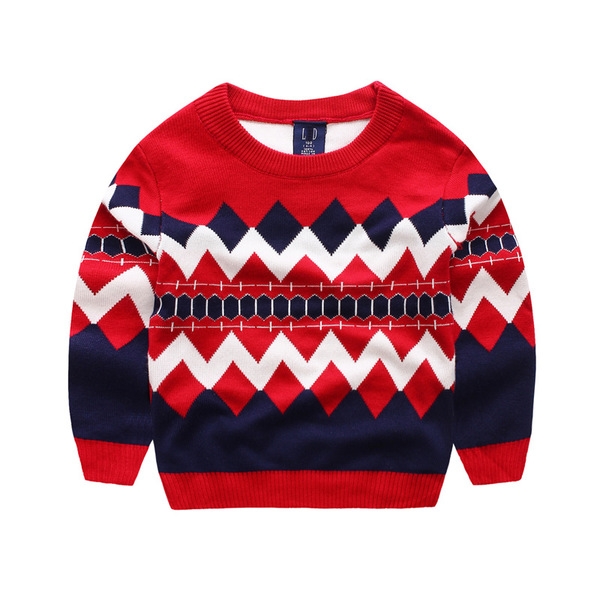 Дебел детски пуловер в два цвята - червен и жълт, с О-образна яка