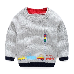 Детски пуловер за момчета в сив, син и тъмносин цвят с анимационни изображения и О-образна яка